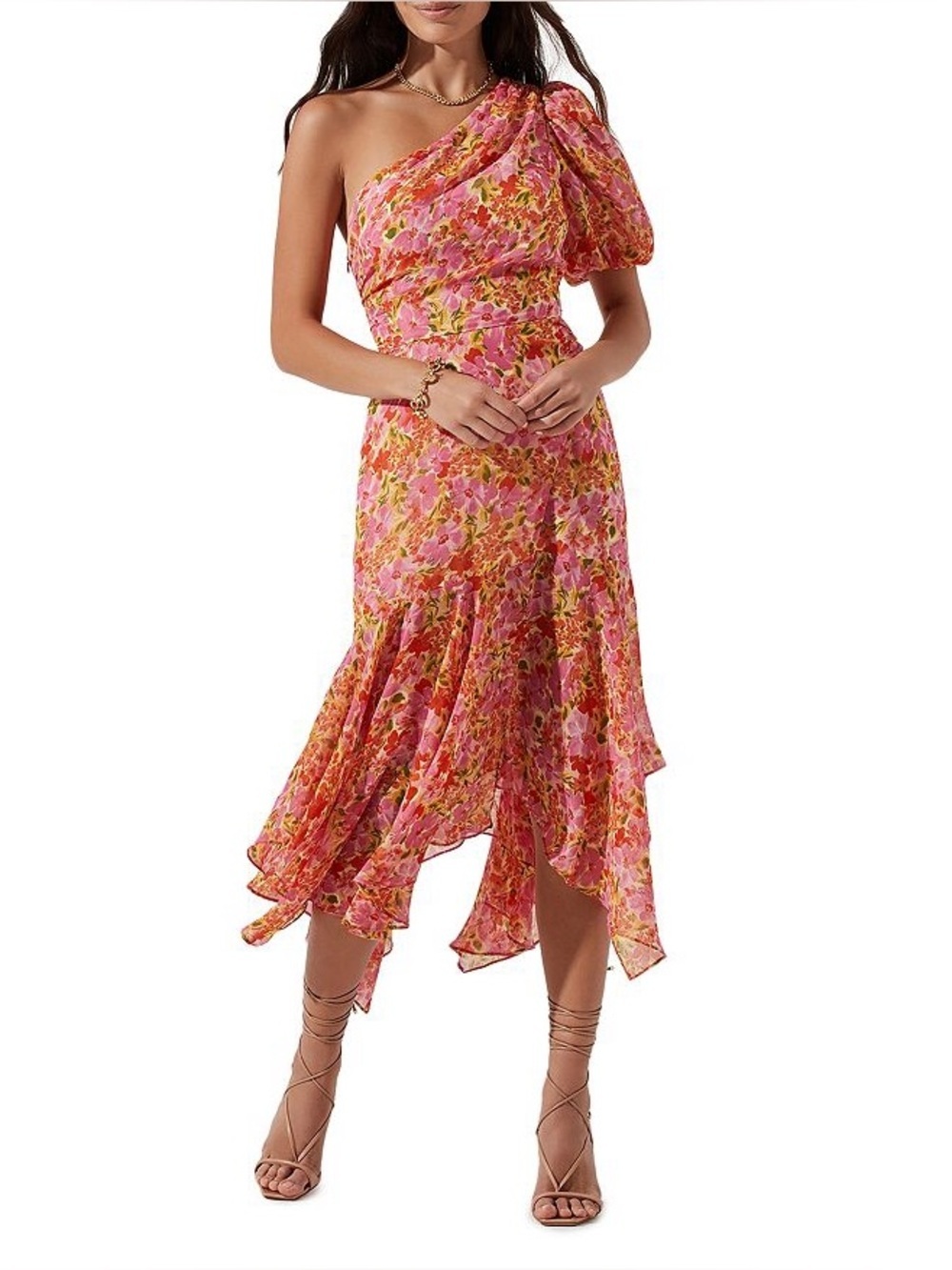 ASTR The Label Santorini Pink Floral One Shoulder Puff Sleeve Midi Dress S